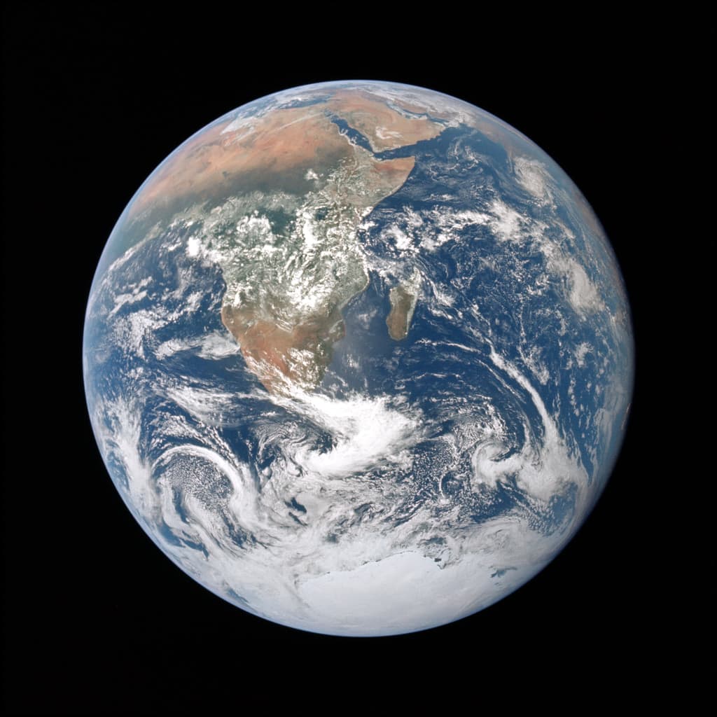Earth photographed by the Apollo 17 crew, with Africa, clouds and Antarctica visible